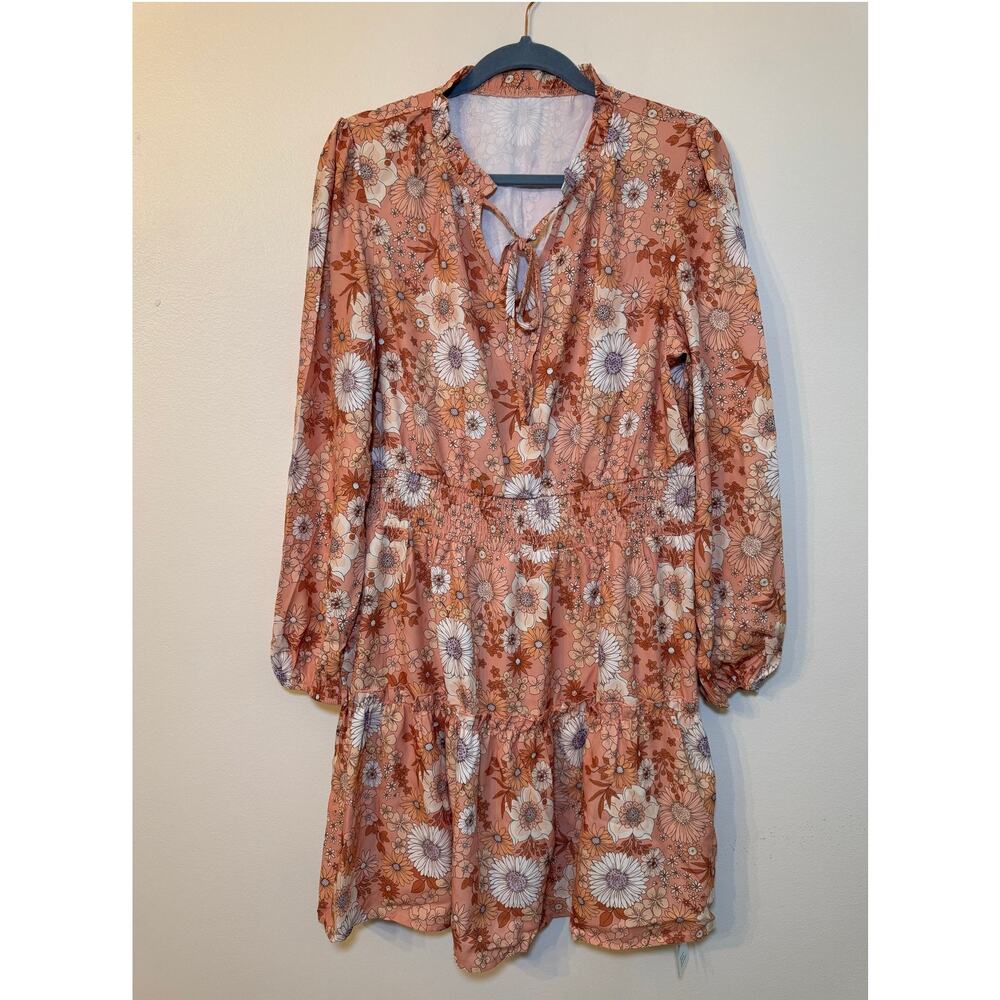 NWT Cupshe Boho Chic Floral Long Sleeve Smocked Waist Ruffle Mini Dress Size  XL
